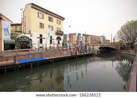 MILANO, ITALY - APRIL 08, 2014: Navigli Design District area just before the beginning of Fuorisalone Design week and Salone del Mobile in Milano, Italy.