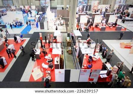 MILANO, ITALY - OCTOBER 17, 2012: Panoramic view of technology products exhibition area at SMAU, international fair of business intelligence and information technology in Milano, Italy.