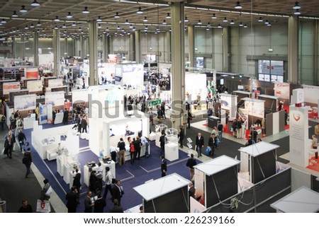 MILANO, ITALY - OCTOBER 17, 2012: Panoramic view of technology products exhibition area at SMAU, international fair of business intelligence and information technology in Milano, Italy.