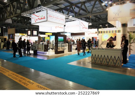 MILANO, ITALY - FEBRUARY 12, 2015: View of tourism exhibition stands area at BIT, International Tourism Exchange Exhibition in Milano, Italy.