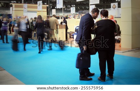 MILANO, ITALY - FEBRUARY 12, 2015: Visiting tourism exhibition stands area at BIT, International Tourism Exchange Exhibition in Milano, Italy.
