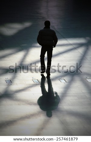 A man and his shadow, generic background. Intentionally blurred editing post production.