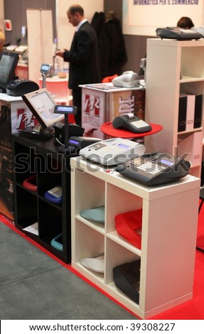MILAN, ITALY - OCT. 21: Cash register new technologies in exhibition at SMAU, national fair of business intelligence and information technology October 21, 2009 in Milan, Italy.
