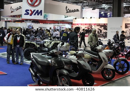 MILAN, ITALY - NOV. 11: Panoramic view of Sym and Vespa motorcycles stands at EICMA, 67th International Motorcycle Exhibition November 11, 2009 in Milan, Italy.