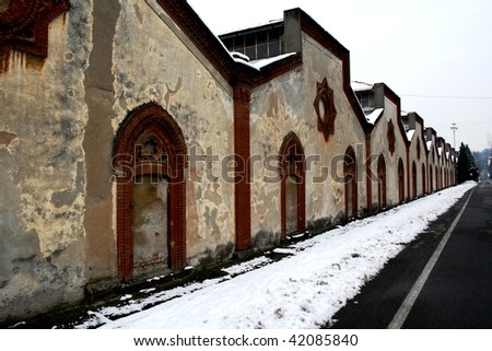 Factory building profile of late 19th century workers village UNESCO World Heritage of Crespi d\'Adda, Italy.