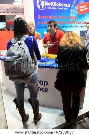 MILAN, ITALY - FEBRUARY 20: People ask for info at Europe Assistance stand during BIT, International Tourism Exchange Exhibition February 20, 2010 in Milan, Italy.