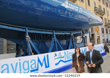 MILAN - APRIL 30: America\'s Cup hull Azzurra 83\' on display at NavigaMI Salone Nautico, boat show exhibition in the area of Navigli April 30, 2010 in Milan, Italy.