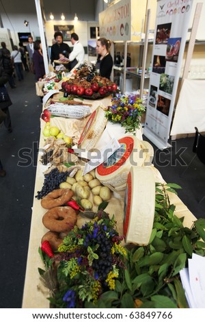 TORINO, ITALY - OCT. 24: Local Italian cheeses in exhibition at Salone del Gusto, international fair of tastes and slow food on October 24, 2010 in Torino, Italy.