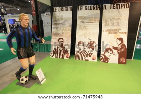MILAN, ITALY - FEBRUARY 17: Close-up of Rummenigge football player statue at San Siro stand, Italy pavilion at BIT, International Tourism Exchange Exhibition on February 17, 2011 in Milan, Italy