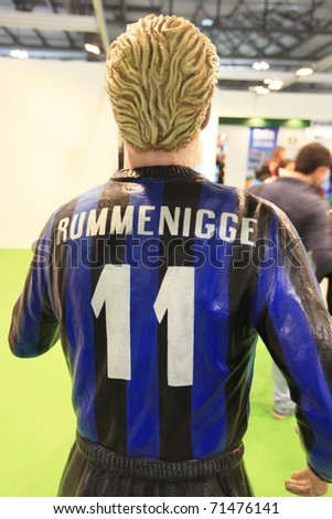 MILAN, ITALY - FEBRUARY 17: Closeup of Rummenigge football player statue at San Siro stand, Italy pavilion at BIT, International Tourism Exchange Exhibition on February 17, 2011 in Milan, Italy.