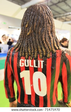 MILAN, ITALY - FEBRUARY 17: Close-up of Gullit football player statue at San Siro stand, Italy pavilion at BIT, International Tourism Exchange Exhibition on February 17, 2011 in Milan, Italy