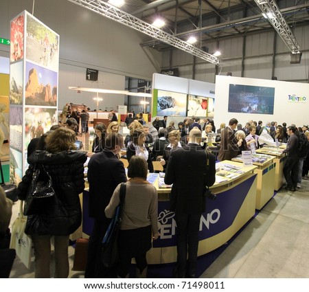 MILAN, ITALY - FEBRUARY 17: People visit Trentino regional tourism stand, Italy pavilion at BIT, International Tourism Exchange Exhibition on February 17, 2011 in Milan, Italy.