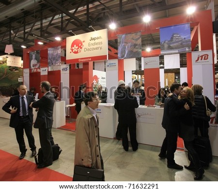 MILAN, ITALY - FEBRUARY 17: People visit the Japan tourism stand at the World pavilion at BIT, International Tourism Exchange Exhibition on February 17, 2011 in Milan, Italy.