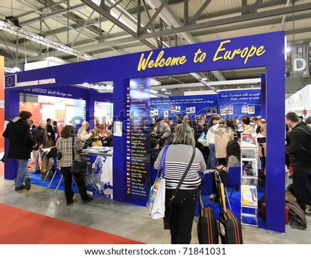 MILAN, ITALY - FEBRUARY 17: People at Welcome to Europe stand during BIT, International Tourism Exchange Exhibition on February 17, 2011 in Milan, Italy.
