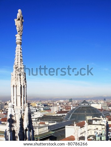 Gothic spire, blue sky background