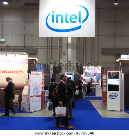 MILAN, ITALY - OCT. 19: People visit Intel technologies stand at SMAU, international fair of business intelligence and information technology October 19, 2011 in Milan, Italy.