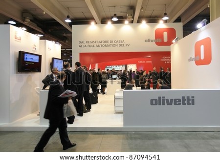 MILAN, ITALY - OCT. 19: People at Olivetti technologies area during SMAU, international fair of business intelligence and information technology on October 19, 2011 in Milan, Italy.
