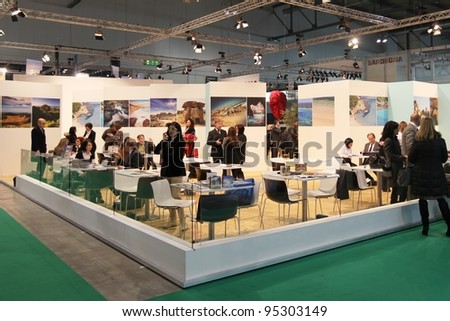 MILAN, ITALY - FEBRUARY 16: People visit Sardinia regional stand at Italy national exhibition area during BIT, International Tourism Exchange Exhibition February 16, 2012 in Milan, Italy.