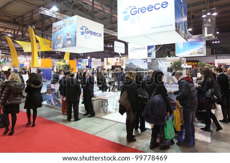 MILAN, ITALY - FEBRUARY 16: People visit Greece tourism stand at international exhibition area during BIT, International Tourism Exchange Exhibition on February 16, 2012 in Milan, Italy.