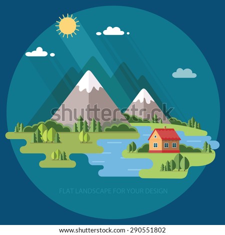 summer  landscape. Houses in the mountains among the trees, rest in a mountain village the lake and the river. Flat design style vector illustration.