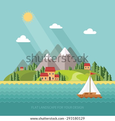 summer landscape. Little village street with small houses and trees on the lake mountains in the background. Flat style vector illustration.
