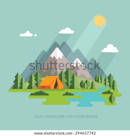 summer  landscape. Morning landscape in the mountains. Solitude in nature by the river. Weekend in the tent. Hiking and camping. Vector flat illustration