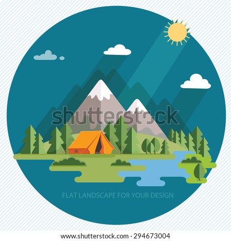 summer  landscape. Morning landscape in the mountains. Solitude in nature by the river. Weekend in the tent. Hiking and camping. Vector flat illustration