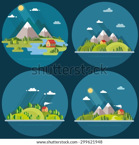 summer  landscape set. Houses in the mountains among the trees, rest in a mountain village the lake and the river. Flat design style vector illustration.