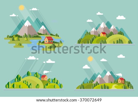 summer  landscape set. Houses in the mountains among the trees, rest in a mountain village the lake and the river. Flat design style vector illustration.