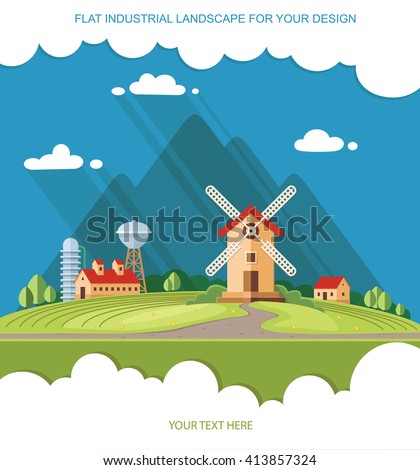 Rural landscape. Agricultural industry, Agriculture mountains in the background. Flat design style vector illustration.