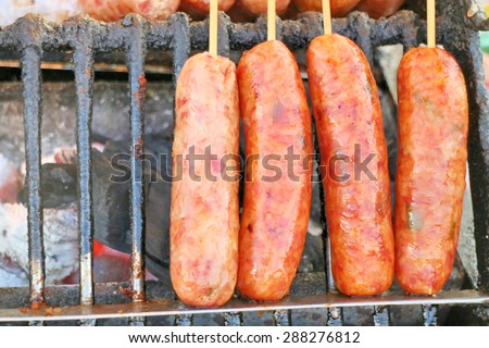 Asia sausage in market - red sausage