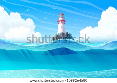 vector Lighthouse, light house, beacon, rock, wave, seagulls. Sea ocean seascape, landscape. Underwater, undersea panorama view. ?loudy day background. Nautical, maritime, marine, naval illustration 2