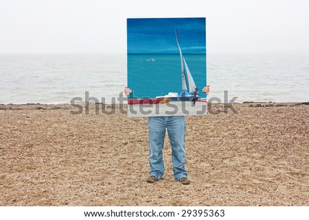 A visual composite of a man holding a photo on a beach, all horizons are carefully matched