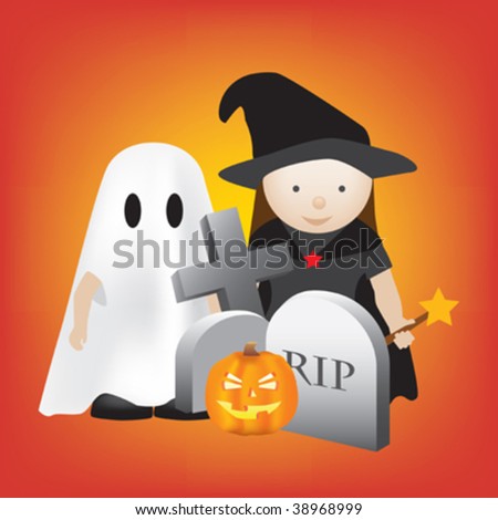 stock vector : halloween scene with kids as ghosts and witches