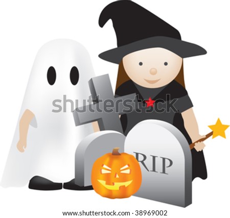 stock vector : halloween scene with kids as ghosts and witches