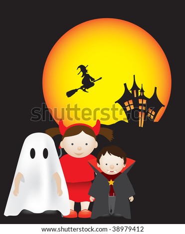stock photo : halloween scene with kids as ghosts and witches