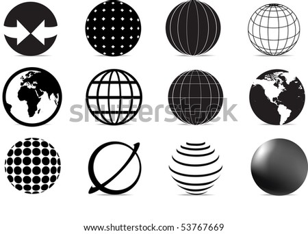 stock photo : set of lack and white globe icons and symbols
