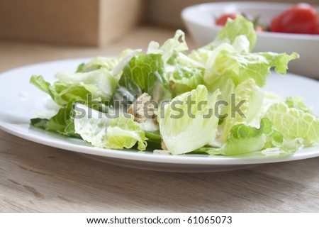caesar salad sat on a kitchen table indoors with natural lighting