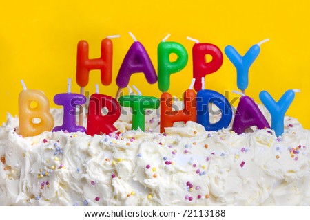 Birthday Cake Shot on Stock Photo   Happy Birthday Cake Shot On A Yellow Background With