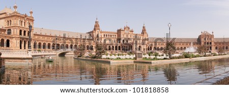 SEVILLE, SPAIN - AUG 10: Panoramic view of Plaza de Espana on August 10, 2011 in Seville. Plaza de Espana was designed by Anibal Gonzalez for the Ibero-American Exposition World\'s Fair.