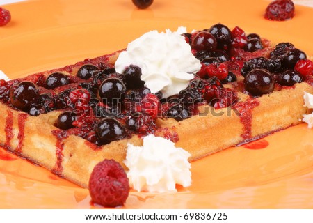 Waffle with soft fruits and whipped cream on an orange plate. Studio shot, soft focus