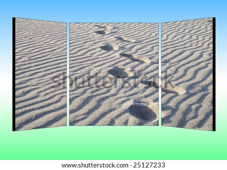 three parted billbord with a picture of footsteps in the sand in front of a gradient colored background