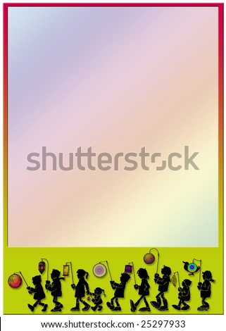 gradient coloured background with border an a  group of little children in the bottom, carrying chinese lanterns