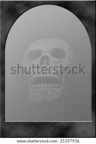 dark background in the shape of an archway with a skull shining trough the frame
