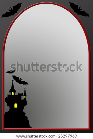 dark background with a grey archway with a dark castle with flying bats