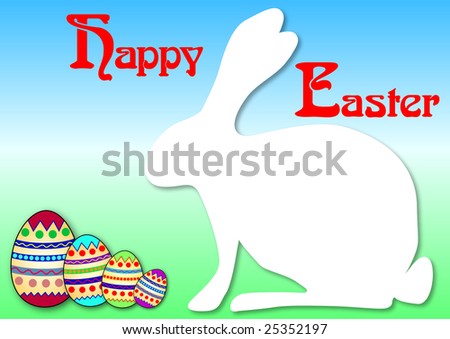 easter card in landscape format with a shadowed white bunny and colored eggs on a gradient coloured background