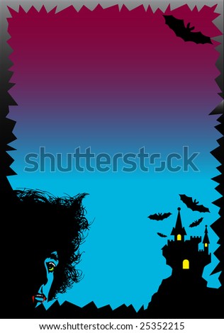 darkblue and red gradient frame with the silhouette of a vampir face in the left edge and a vampyr castle in the right edge with flying bats