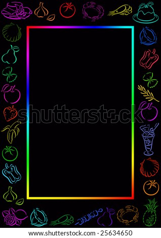 gradient colored background with a border out of transparent food symbols and a multicolored border