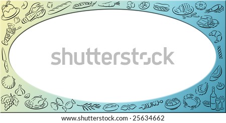 gradient colored background in landscape format with food symbols and an oval white frame for filling with content