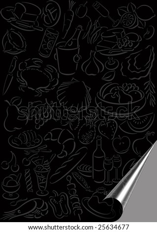 gradient colored background with transparent food symbols and a rolled edge